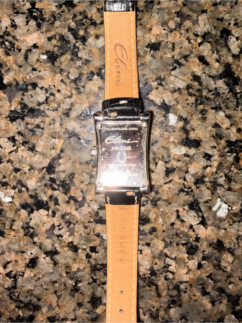 Elini womens lucky horseshoe Black Leather Strap Stainless steel Diamond